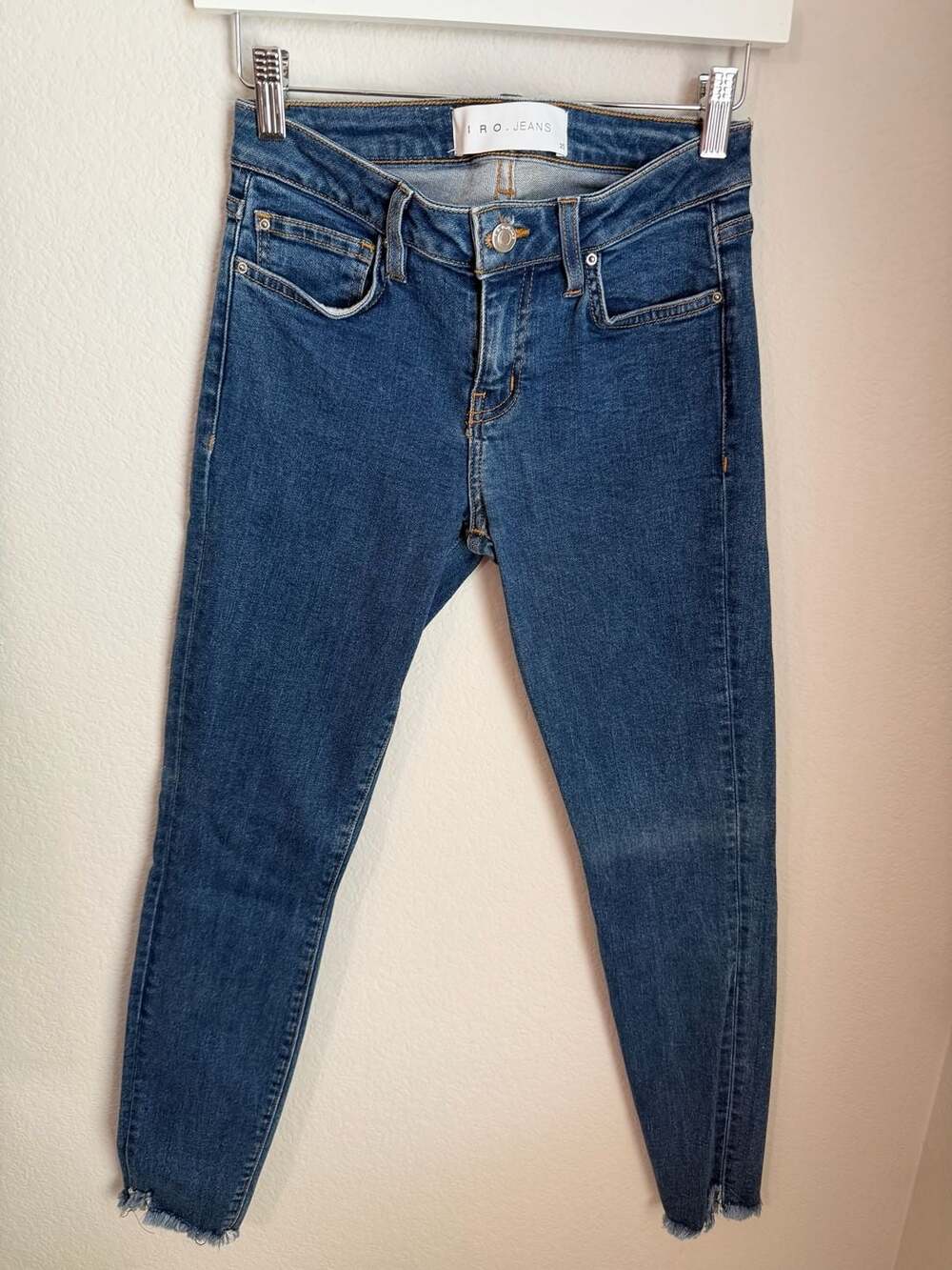 IRO Jeans Jarod Raw Hem Skinny Denim Blue Dark Rinse Frayed Ankle Jeans Size 25